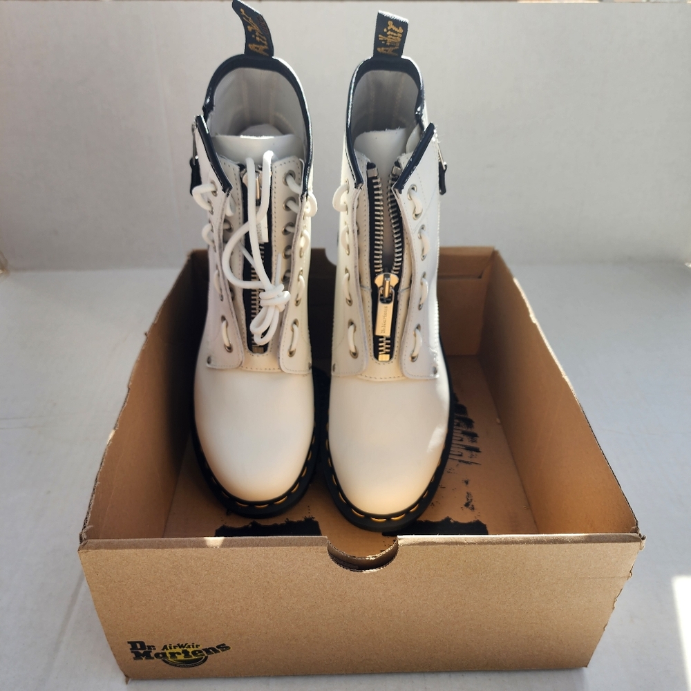 DR. MARTENS AIRWAIR DOUBLE ZIP WHITE LEATHER LACE UP COMBAT BOOTS SENDEL - Picture 4 of 16